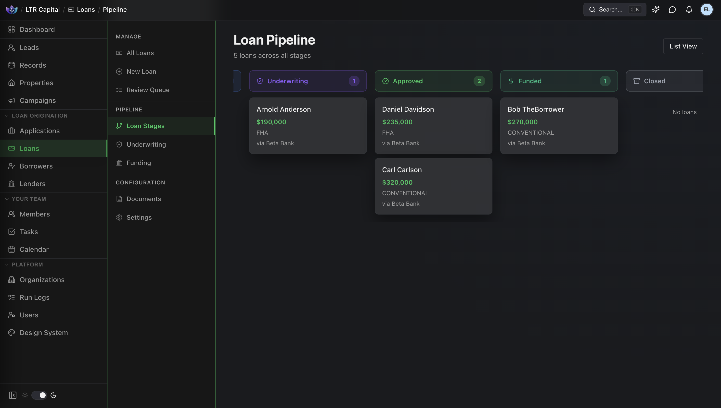 AutoMLO Loans — stage-based loan pipeline tracking from application to funding