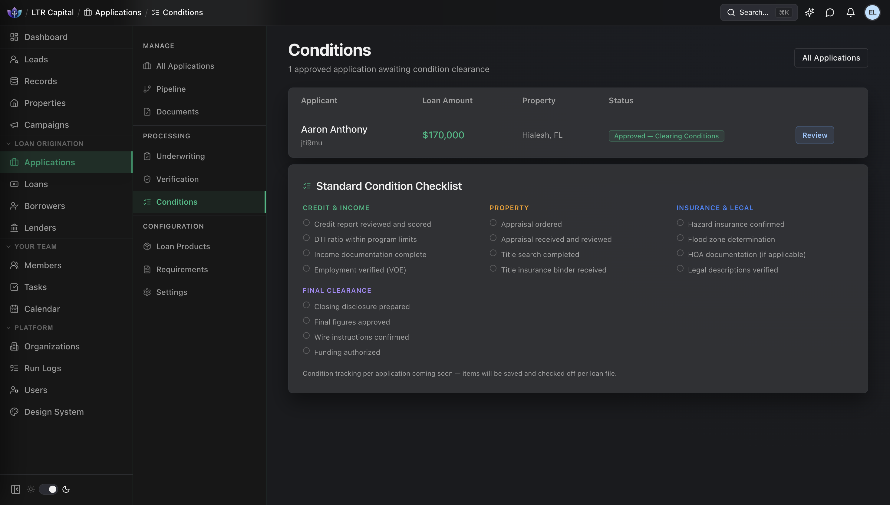 Lenlia loan conditions and document tracking screen